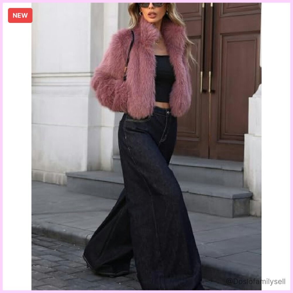 Stand Collar Faux Fur Jacket Long Sleeve Open Front Fluffy Elegant Winter Coat - Picture 7 of 8